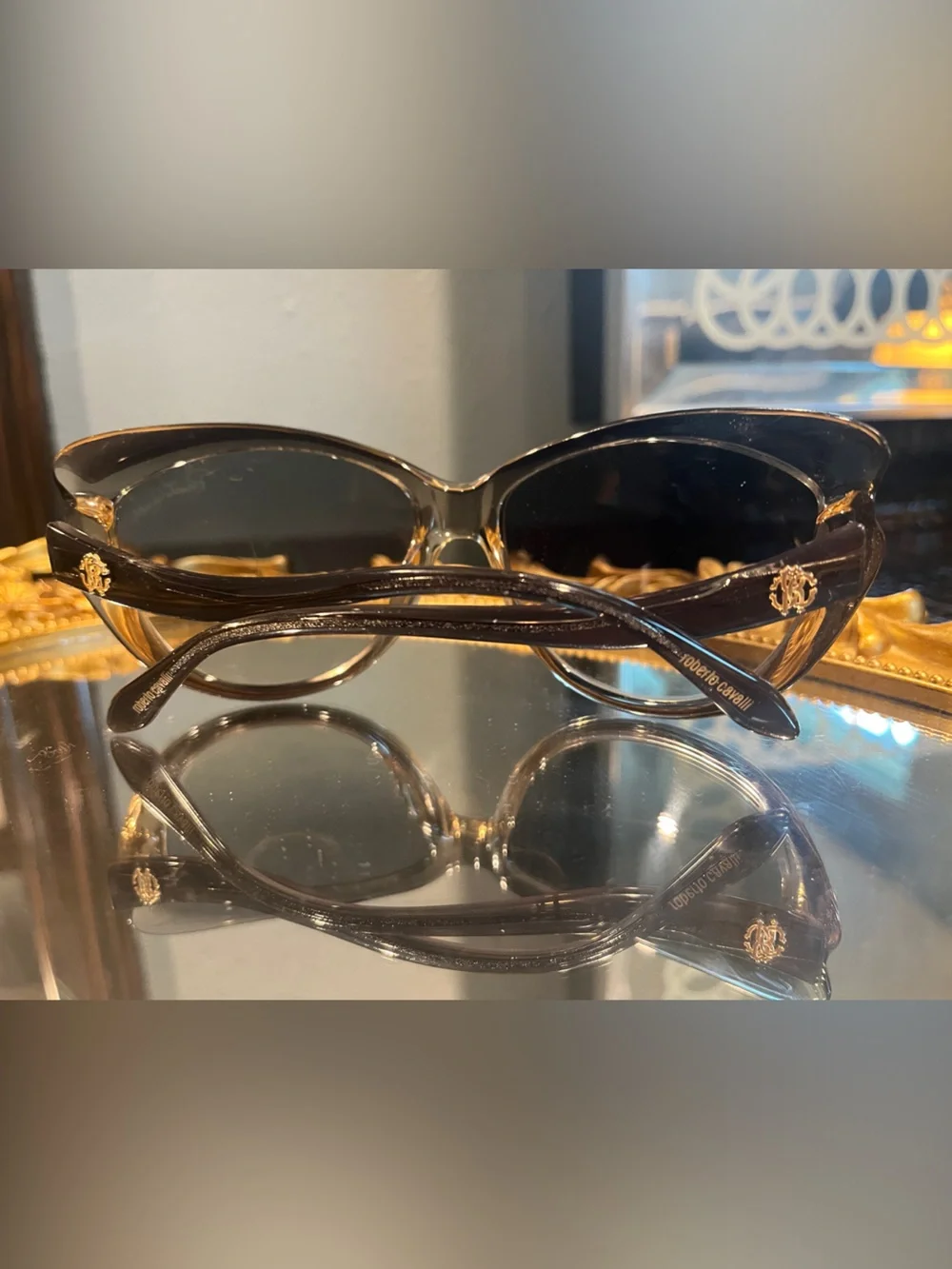 Vintage Roberto Cavalli Sunglasses Gray Cat-Eye with Gold Logo and crystals